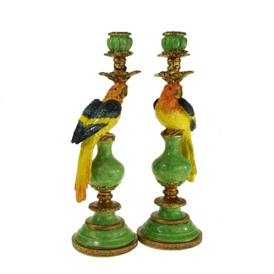 Suport pentru Lumanare Green Yellow Parrots din Rasina D14x40cm Decorațiuni