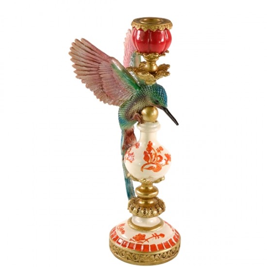 Suport pentru Lumanare Green Orange Colibri din Rasina D14x32cm Decorațiuni