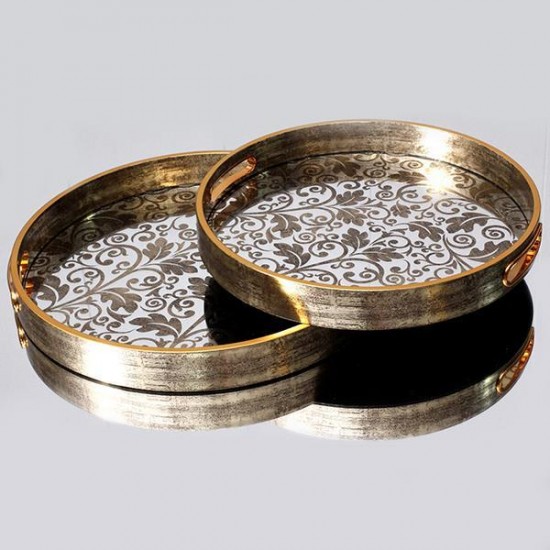 Set 2 Tavi Antique Gold din Rasina cu Oglinda D36x4cm Decorațiuni