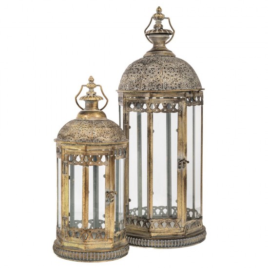 Set 2 Felinare Antique Gold din Metal cu Sticla D29x70cm Decorațiuni