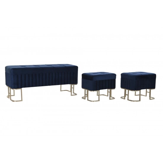 Set 3 Taburete Dark Blue din Catifea cu Metal 110x40x47cm Mobilier