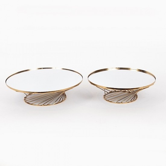 Set 2 Platouri cu Picior Golden din Metal cu Oglinda D35x10cm / D30x10cm/819-00176 Tavi Decorative
